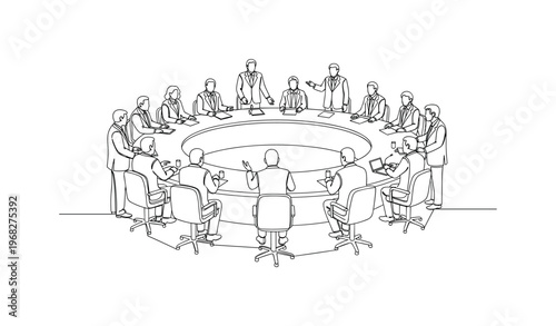 International Summit. Minimalistic one-line drawing leaders standing around circular table discussing treaties, continuous single black line on white