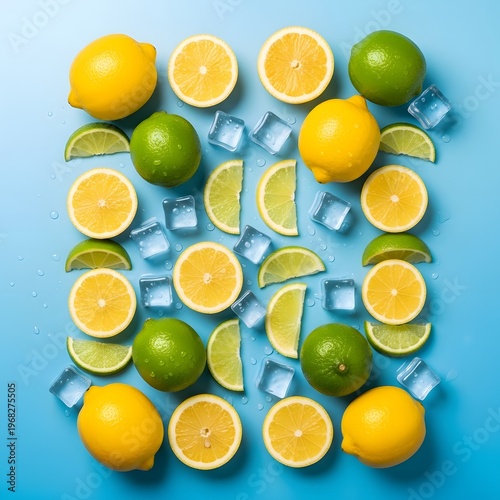 Freshly sliced lemons and limes arranged on a blue surface