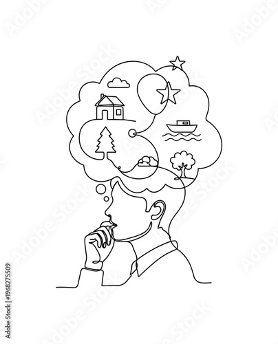 Narrative Flow. Minimalistic one-line drawing person thinking with speech bubbles and story elements floating, continuous single black line on white