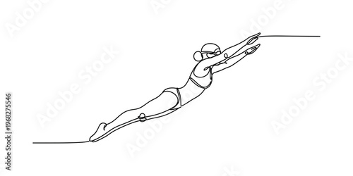 Achievement Leap. Minimalistic one-line drawing person diving with arms extended, continuous single black line on white background, simple outline style, no