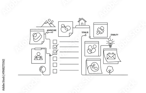 Goal Planning Board. Minimalistic one-line drawing vision board with sticky notes, checklist, and images representing objectives, continuous single black line