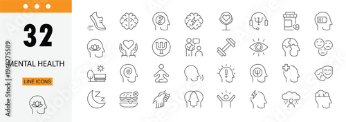Mental health icons set representing stress, therapy, counseling, emotions, wellness, support and psychological care . Editable Stroke.