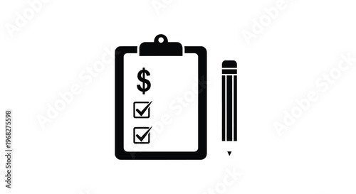 A black and white illustration depicts a clipboard with checkboxes and a dollar sign alongside a pencil