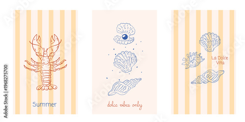 Hand draw la dolce vita vintage posters. Summer Italy. Amalfi. Vacation vector illustrations in ink line doodle sketch style postage stamps with image. Chalk style drawing for poster, placard, print