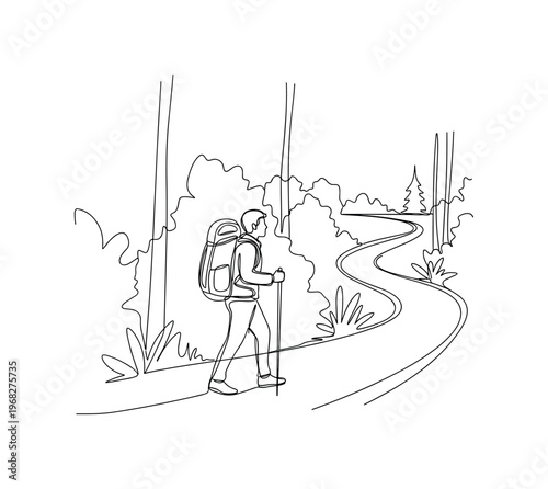 Trail Walking. Minimalistic one-line drawing hiker with backpack navigating winding forest path, continuous single black line on white background, simple
