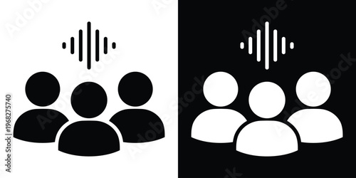 Three people silhouettes with a sound wave icon above, representing group communication, audience listening, podcast community, or voice recognition technology. Black and white vector.