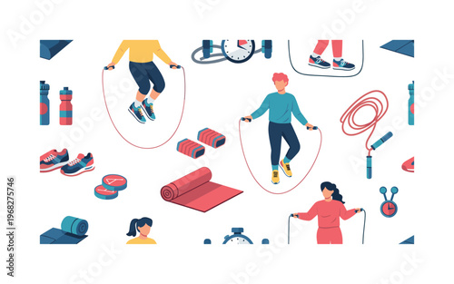 jump rope workout icons seamless pattern, repeating pattern, surface design, textile print, modern illustration of people skipping rope, sneakers, fitness