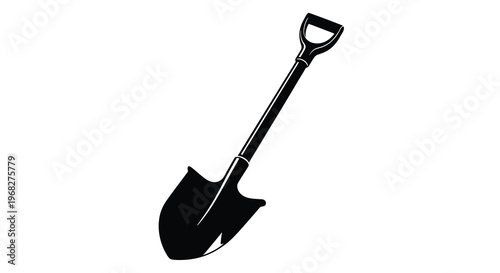 A simple black silhouette depicts a garden shovel angled diagonally against a white background high quality