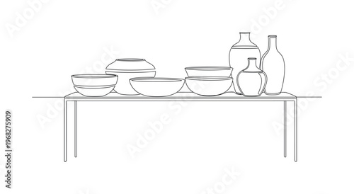 Home Decor Bowls. Minimalistic one-line drawing decorative bowls and vases showcased on a console table, continuous single black line on white background,