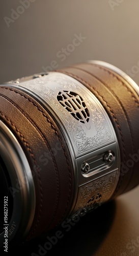 Close-up view of a metallic object with intricate design details.