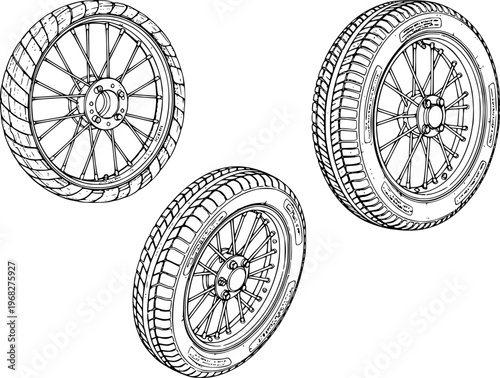 Detailed black and white line of vintage spoked motorcycle wheels and tires