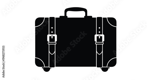 A black and white silhouette of a vintage suitcase with rounded edges and leather straps