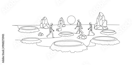 Alien Landscape. Minimalistic one-line drawing Martians walking near craters and rocks, continuous single black line on white background, simple outline style,