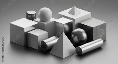 Geometric shapes composition, monochrome, studio shot, modern art, minimalist design.