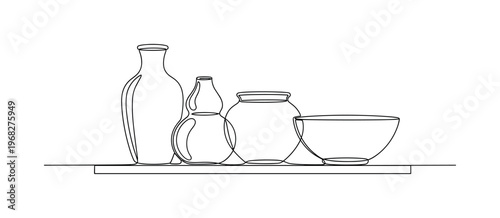 Pottery Display. Minimalistic one-line drawing assortment of ceramic pots on a shelf for interior decoration, continuous single black line on white background,
