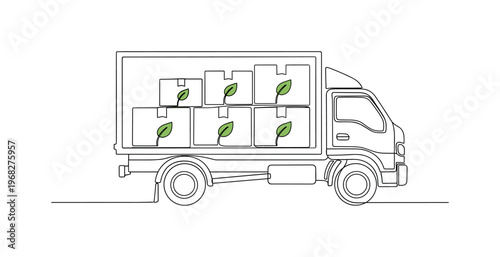 Eco Supply Truck. Minimalistic one-line drawing delivery truck carrying boxes with green symbols, continuous single black line on white background, simple