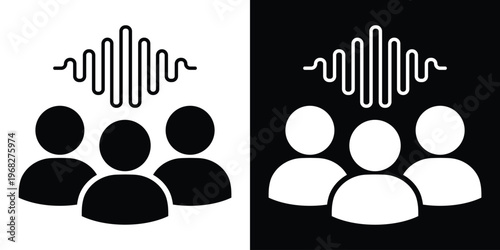 Three people silhouettes with a sound wave icon above, representing group communication, audience listening, podcast community, or voice recognition technology. Black and white vector.