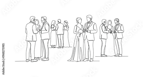 Event Gathering. Minimalistic one-line drawing people standing together and conversing at formal wedding, continuous single black line on white background,