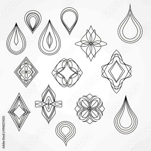 A set of intricate geometric and floral motifs centered within diamond and circular frames, evoking a sense of classic jewelry design or traditional tile patterns for sophisticated decorative use.