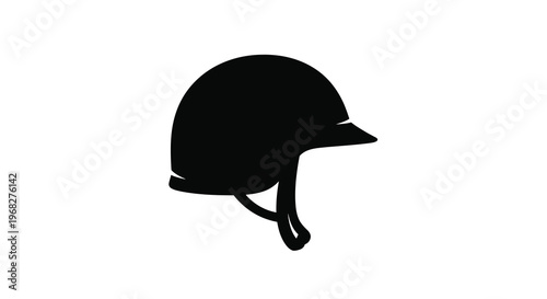A simple silhouette depicts a black equestrian helmet against a stark white background high quality professional