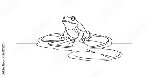 Serene Frog. Minimalistic one-line drawing frog perched on lily pad in tranquil pond, continuous single black line on white background, simple outline style,