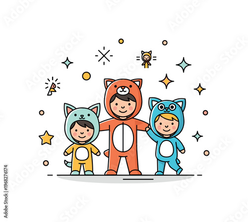 Kids in costumes playdate scene where children wear animal and character costumes while small sparkle and star icons emphasize imagination, friendship, and