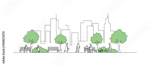 Urban Greenery. Minimalistic one-line drawing people walking and gardening among trees and benches in city, continuous single black line on white background,