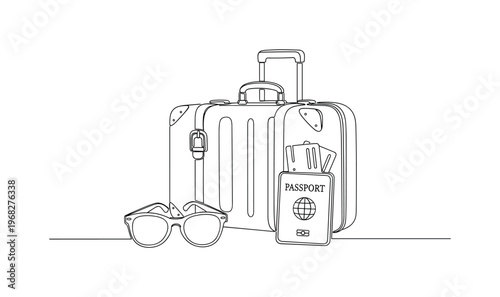 Vacation Collection. Minimalistic one-line drawing suitcase, sunglasses, and passport with tickets, continuous single black line on white background, simple