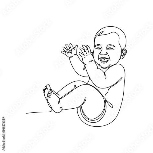 Baby Happiness. Minimalistic one-line drawing giggling baby with legs bent and arms up, continuous single black line on white background, simple outline style,