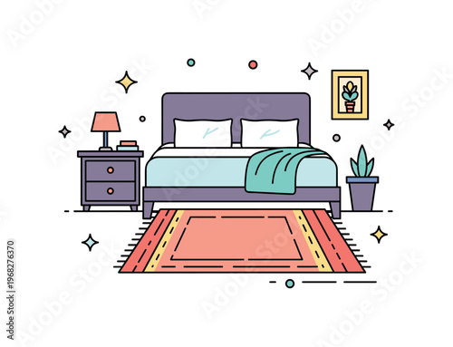 Rug under bed warm bedroom corner concept where a rug extends from under the bed beside a nightstand while small sparkle and line icons emphasize calm,