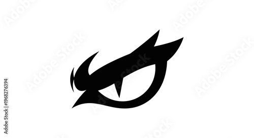 Abstract black and white eye-like symbol with sharp edges, representing focus and intensity.