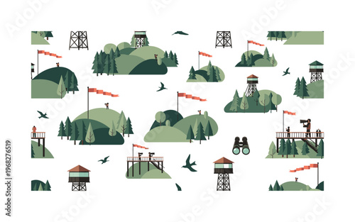high vantage motifs seamless pattern, repeating pattern, surface design, textile print, modern illustration of watchtowers, hills, forests, observation decks,