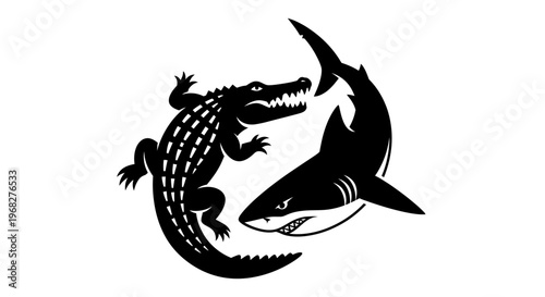 Alligator and shark facing each other in a dynamic black and white illustration.