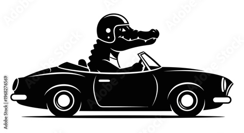 Alligator driving a classic convertible car in black and white.