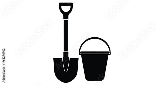 A simple black and white illustration depicts a garden shovel and a plastic bucket side by side