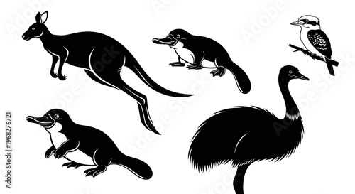 Australian Wildlife Silhouettes Collection - Kangaroo, Platypus, Emu, and Kookaburra.