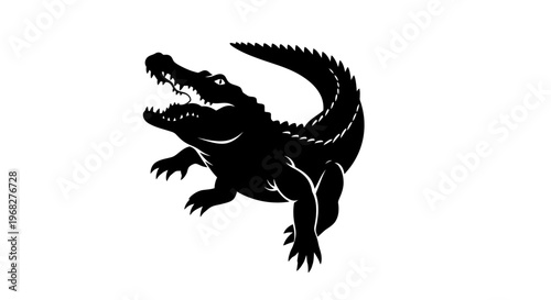 Black silhouette of a powerful alligator with open jaws.