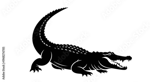 Black silhouette of a powerful alligator with open jaws.
