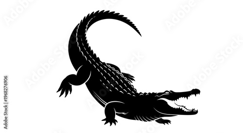 Black silhouette of a powerful crocodile with open jaws, ready to strike, isolated on a clean white background, showcasing its formidable presence.
