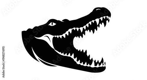 Alligator head with open mouth showing sharp teeth in black and white.