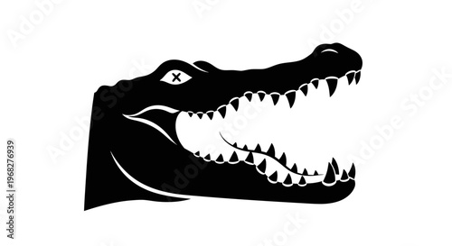 Alligator head with open mouth and sharp teeth in black and white.