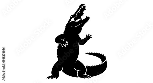 Black silhouette of a roaring alligator standing on its hind legs, isolated on a white background, showcasing its powerful stance and open jaws.