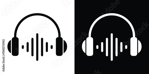 Modern flat vector icon of headphones combined with a digital sound wave. Perfect for representing music production, podcasts, audio editing, streaming services, and acoustic technology.