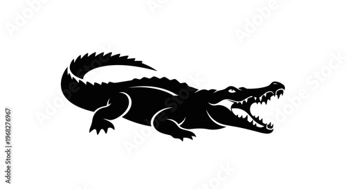 Black silhouette of an aggressive crocodile with open jaws, isolated on a white background, showcasing its powerful presence.