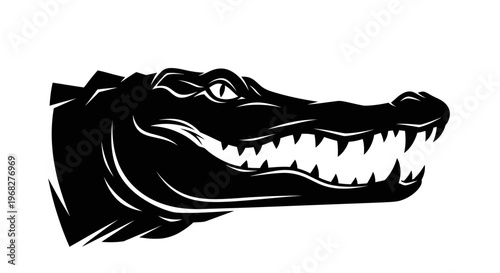 Alligator head with sharp teeth in black and white.