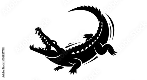 Dynamic black crocodile silhouette with open jaws and curved tail.