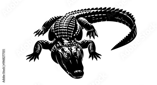 Alligator or crocodile, black and white vector illustration, isolated on white background, top view.