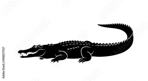 Alligator or crocodile black silhouette isolated on white background.