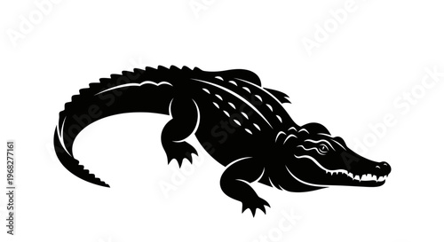 Alligator or crocodile black silhouette on white background.