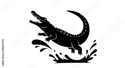 Dynamic black silhouette of a crocodile leaping from water with a splash.